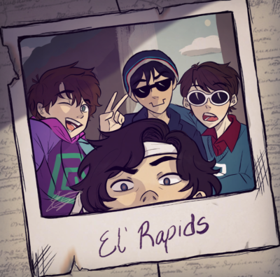 This is a drawing of a polaroid taken by Karl. His arm is outstretched in front of him holding the camera. He's smiling and winking while also throwing up a peace sign. Next to him is Quackity, wearing sunglasses and smirking. On the far right is George, who looks like he's either unprepared or talking mid-photo. At the bottom of the photo is Sapnap from the nose up, barely making it in frame. The polaroid itself is dirty and ripped along the edges, as if it survived a fire. It sits on an open journal where it's too difficult to make out what's written inside.